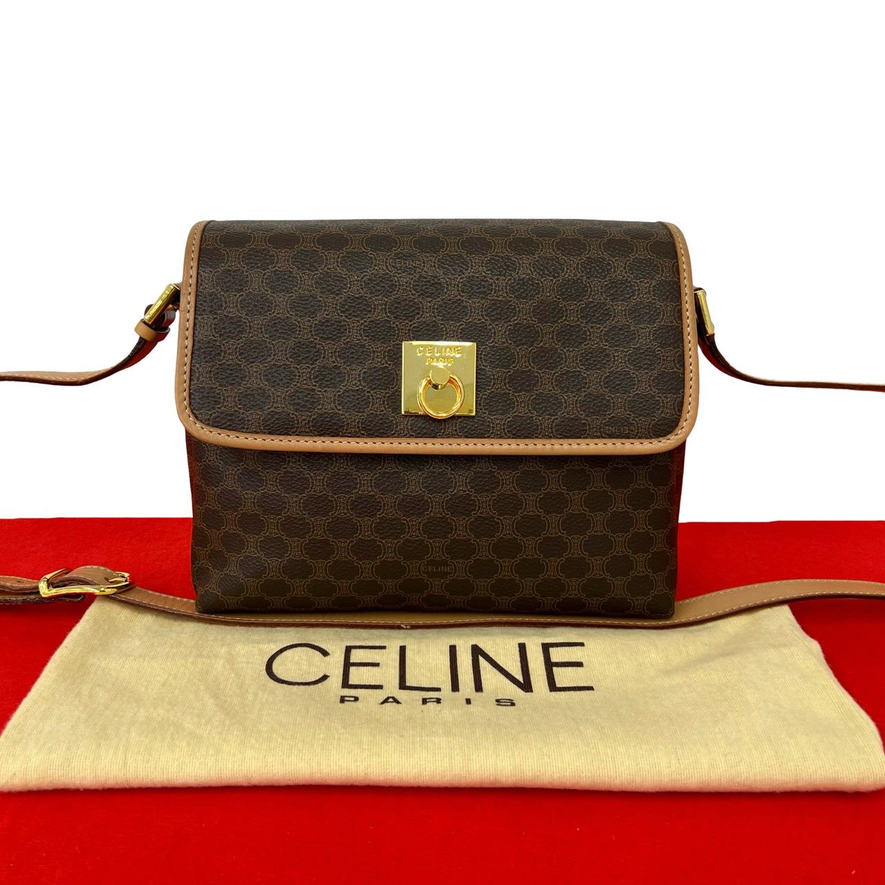 Celine Vintage Macadam Pattern Logo Ring Leather Shoulder Bag Pochette Brown