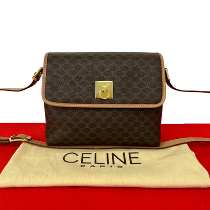 Celine Vintage Macadam Pattern Logo Ring Leather Shoulder Bag Pochette Brown