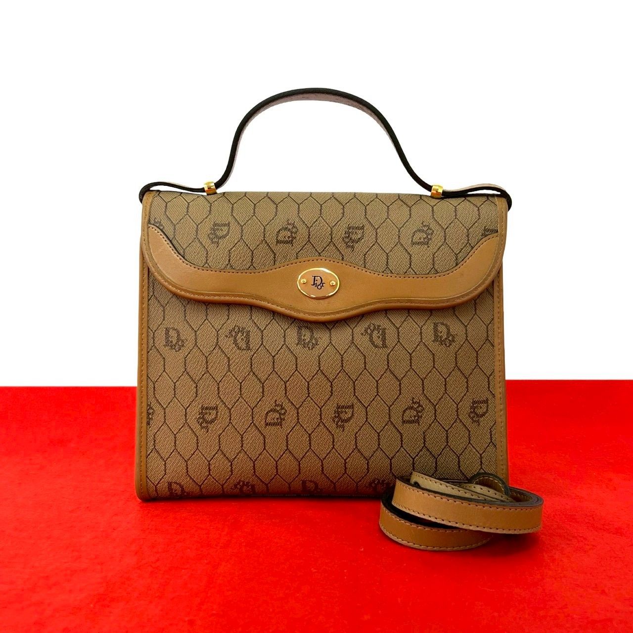 Dior Vintage Honeycomb Pattern Logo Leather 2-Way Shoulder Bag Beige