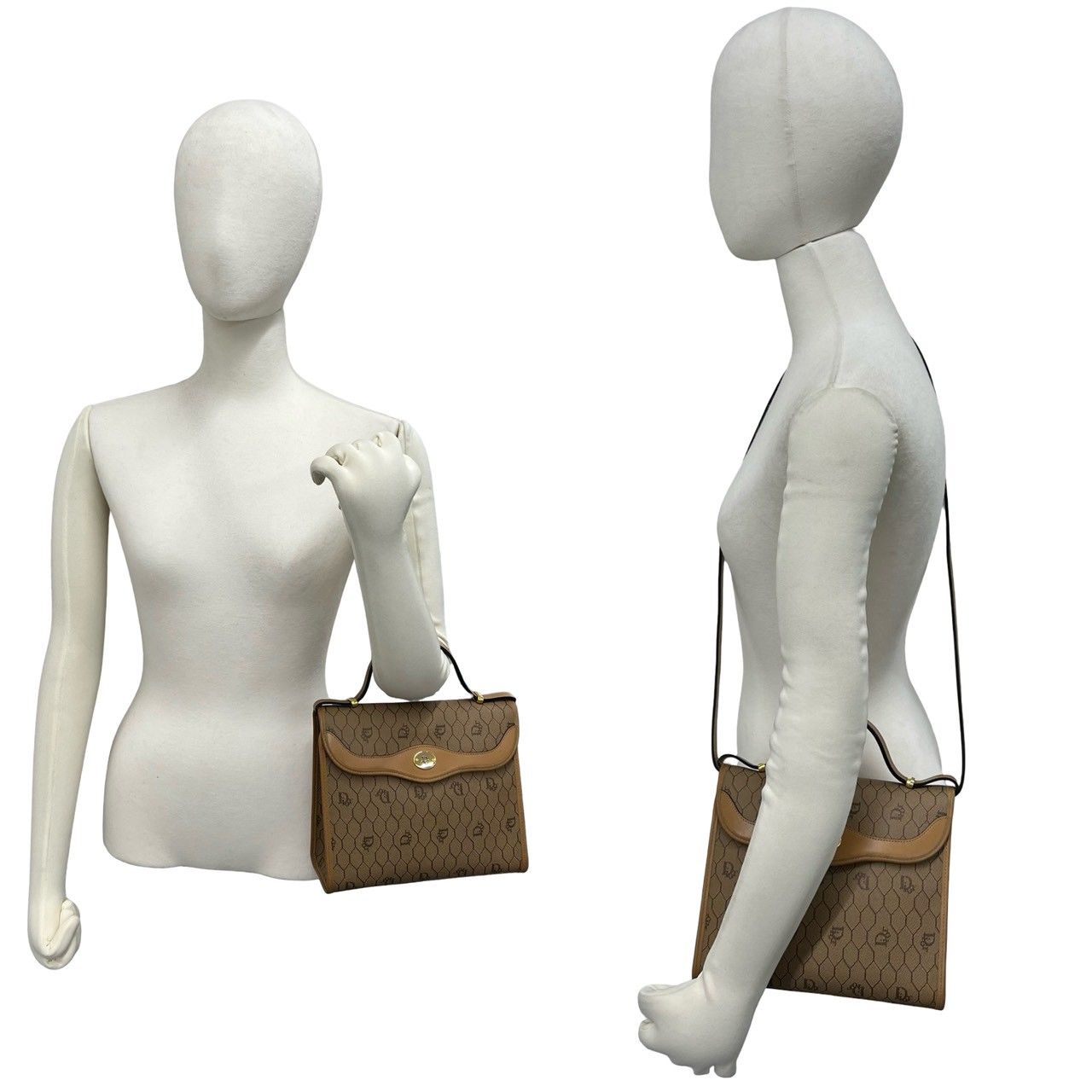 Dior Vintage Honeycomb Pattern Logo Leather 2-Way Shoulder Bag Beige — view 2