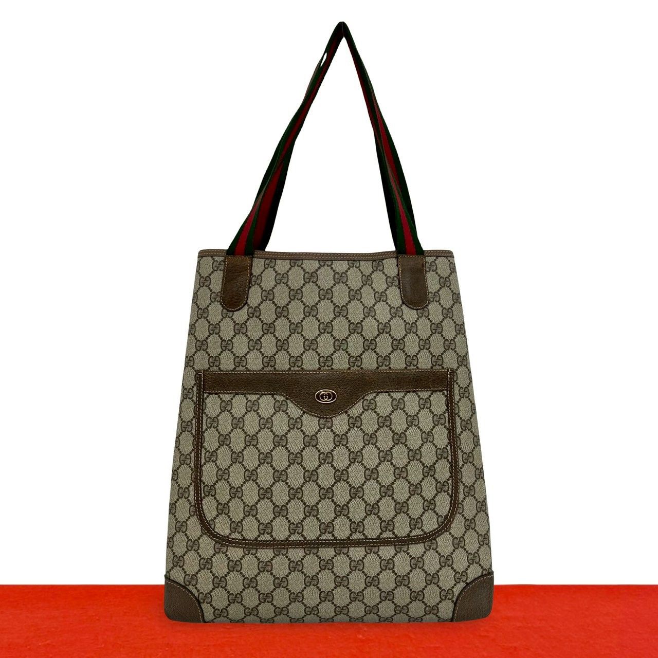 Gucci Vintage Sherry Line GG Logo Leather Tote Brown
