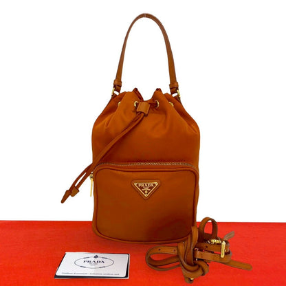 Prada Triangle Logo Nylon Saffiano Leather 2-Way Drawstring Shoulder Bag Orange