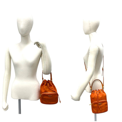 Prada Triangle Logo Nylon Saffiano Leather 2-Way Drawstring Shoulder Bag Orange — view 2