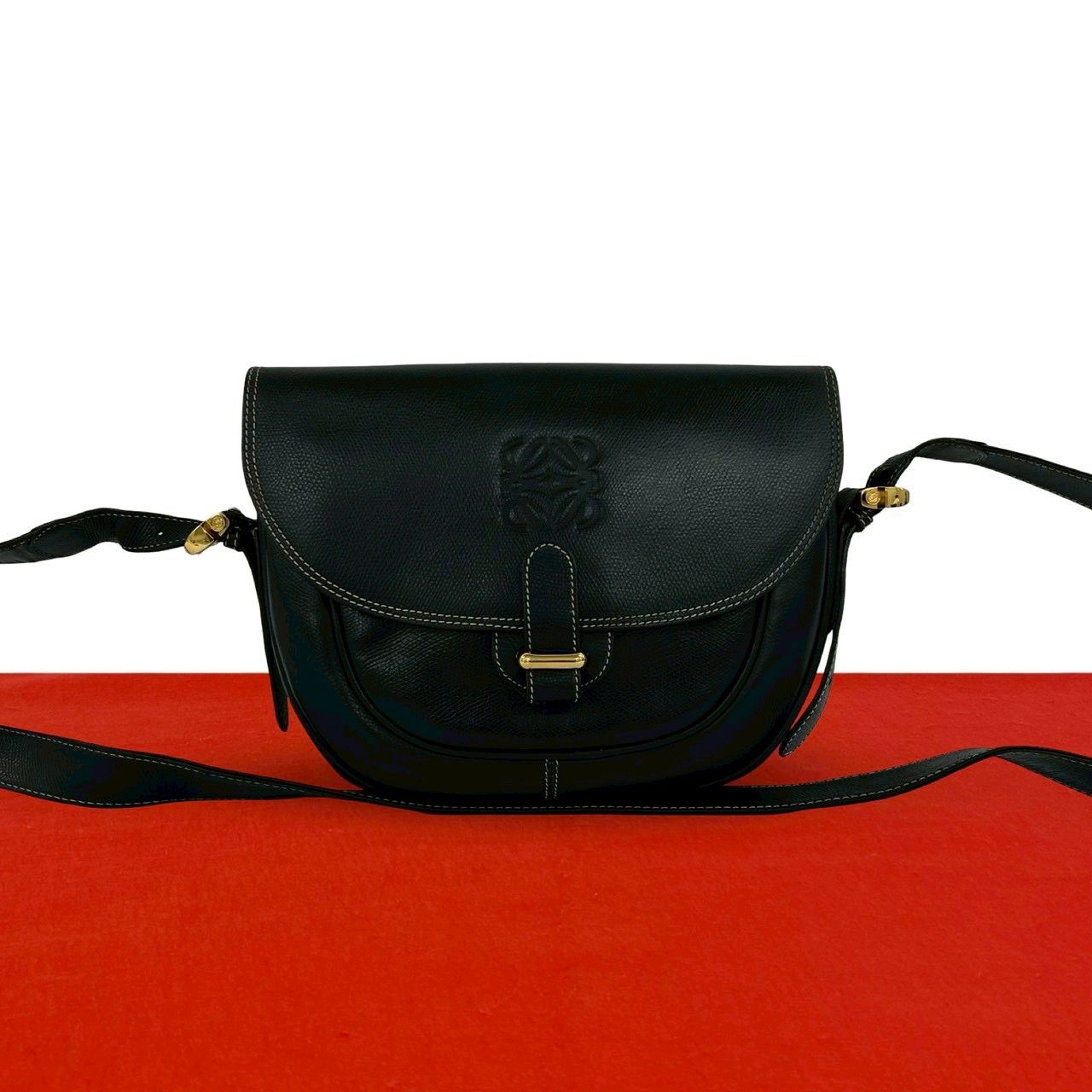 Loewe Vintage Anagram Logo Leather Shoulder Bag Pochette Crossbody Black