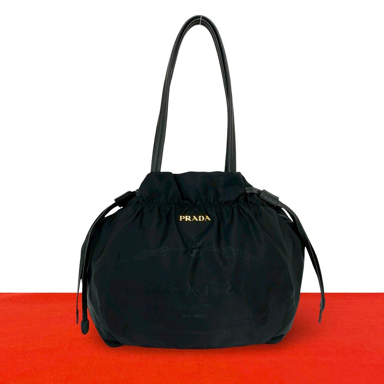 Prada Logo Tessuto Nylon Leather Drawstring Tote Shoulder Bag Black