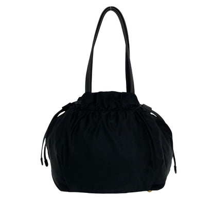 Prada Logo Tessuto Nylon Leather Drawstring Tote Shoulder Bag Black — view 3
