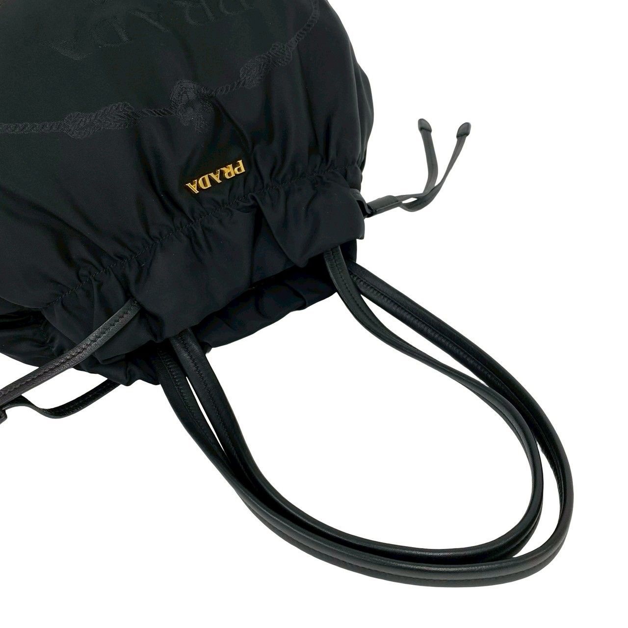 Prada Logo Tessuto Nylon Leather Drawstring Tote Shoulder Bag Black — view 4