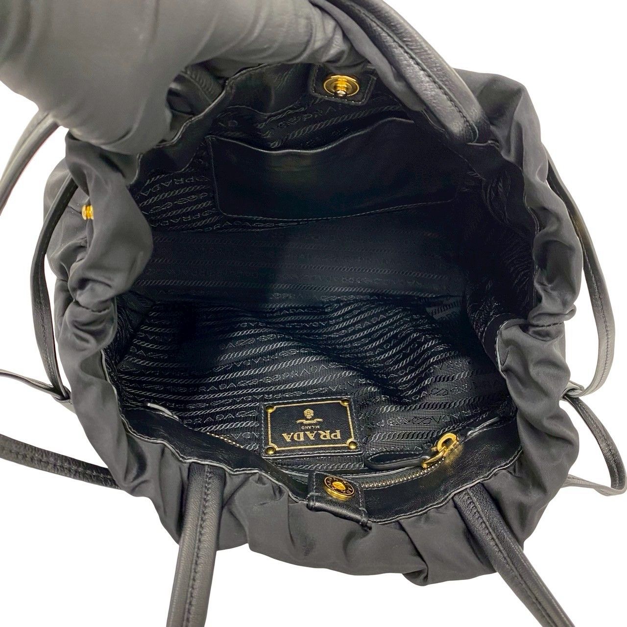 Prada Logo Tessuto Nylon Leather Drawstring Tote Shoulder Bag Black — view 9