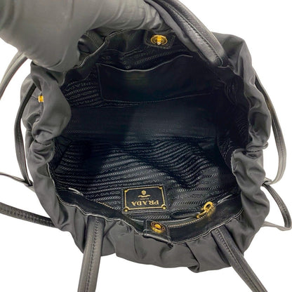 Prada Logo Tessuto Nylon Leather Drawstring Tote Shoulder Bag Black — view 9