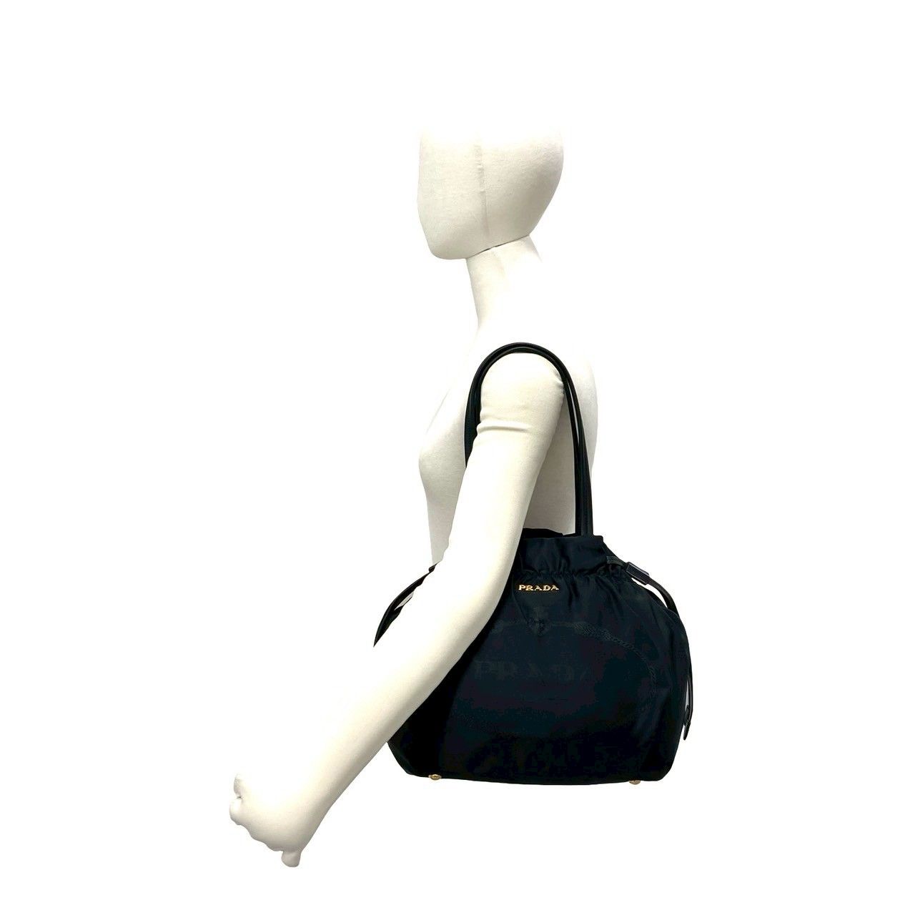 Prada Logo Tessuto Nylon Leather Drawstring Tote Shoulder Bag Black — view 2