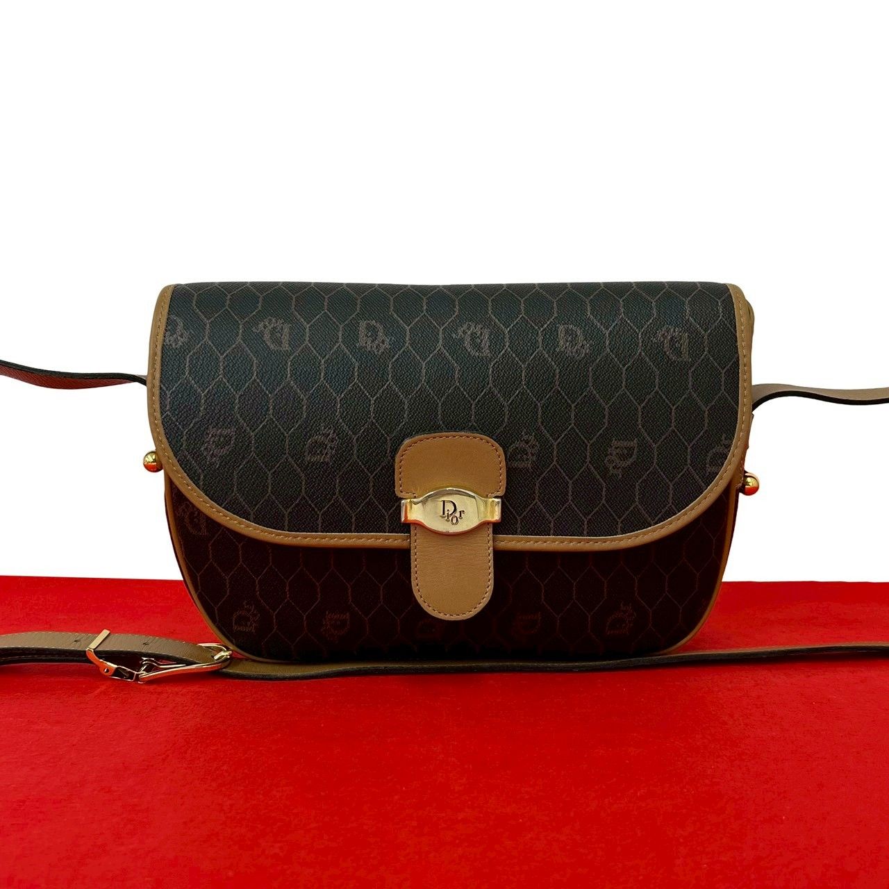 Dior Vintage Honeycomb Pattern Logo Leather Shoulder Bag Pochette Gray Beige