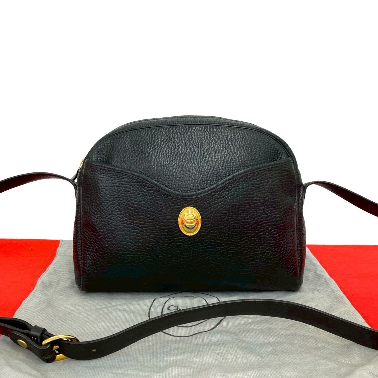 Dior Vintage CD Logo Leather Shoulder Bag Pochette Black