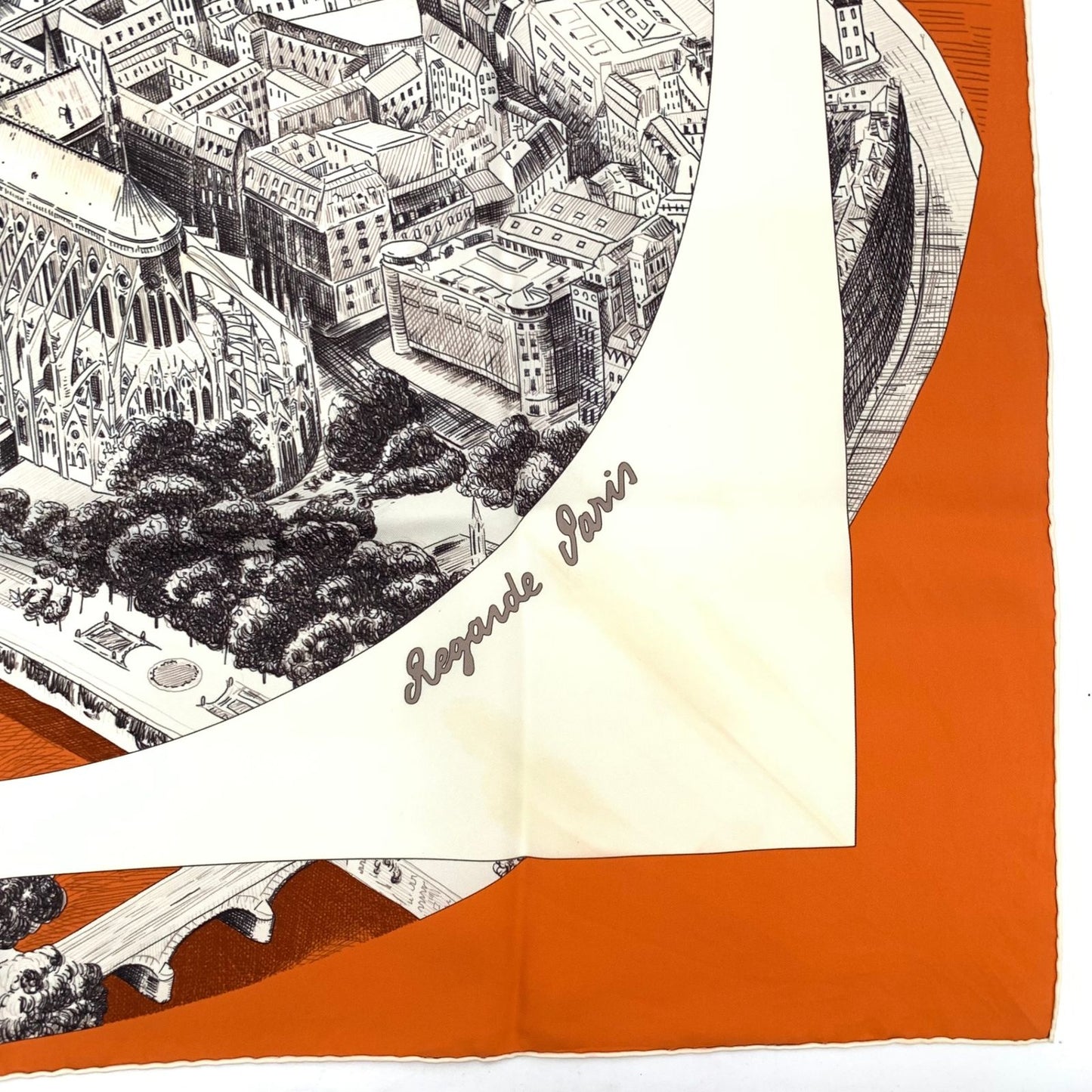 Hermes Carre 90 Regarde Paris View of Scarf Orange — view 5
