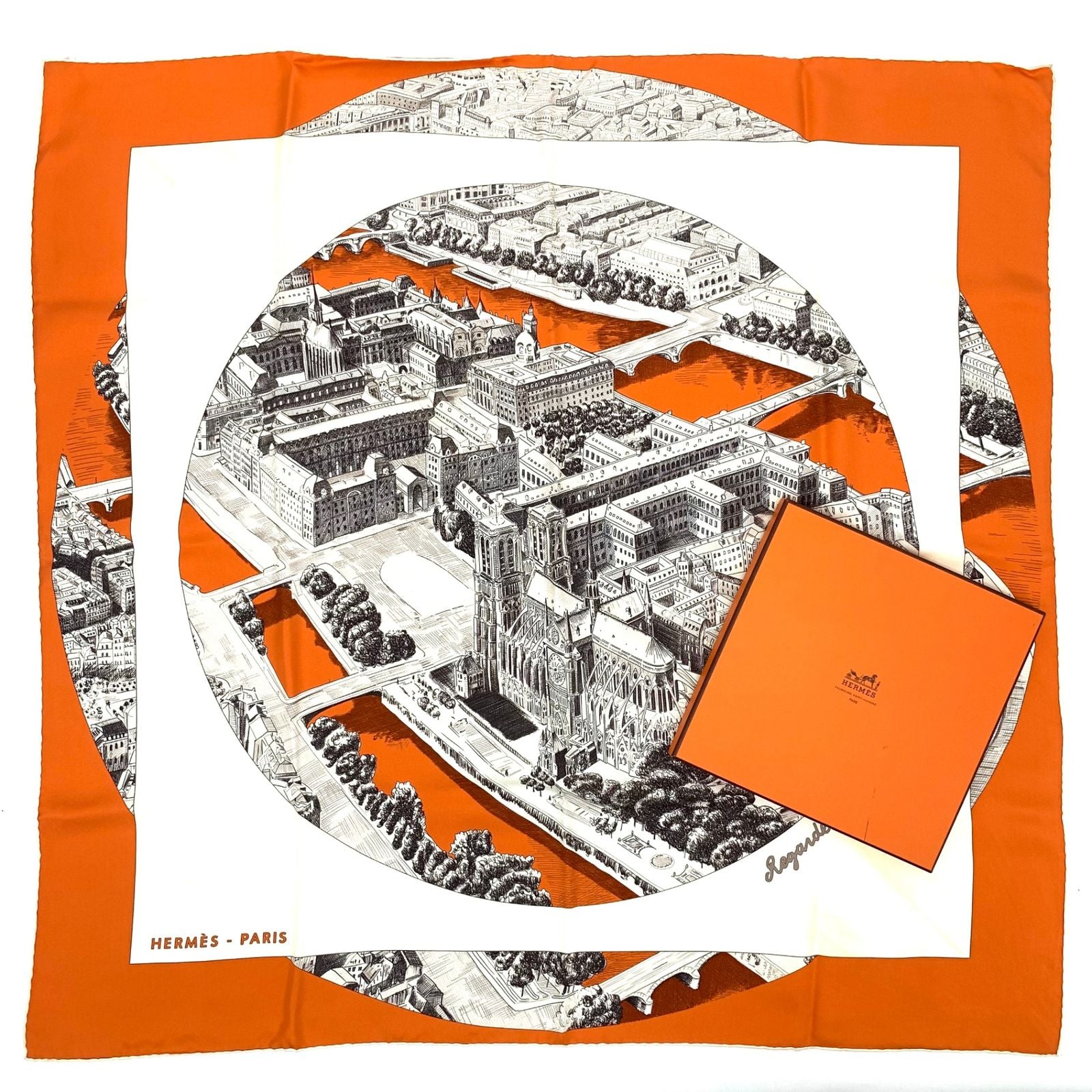 Hermes Carre 90 Regarde Paris View of Scarf Orange