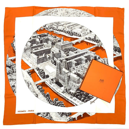 Hermes Carre 90 Regarde Paris View of Scarf Orange