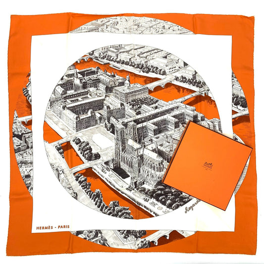 Hermes Carre 90 Regarde Paris View of Scarf Orange