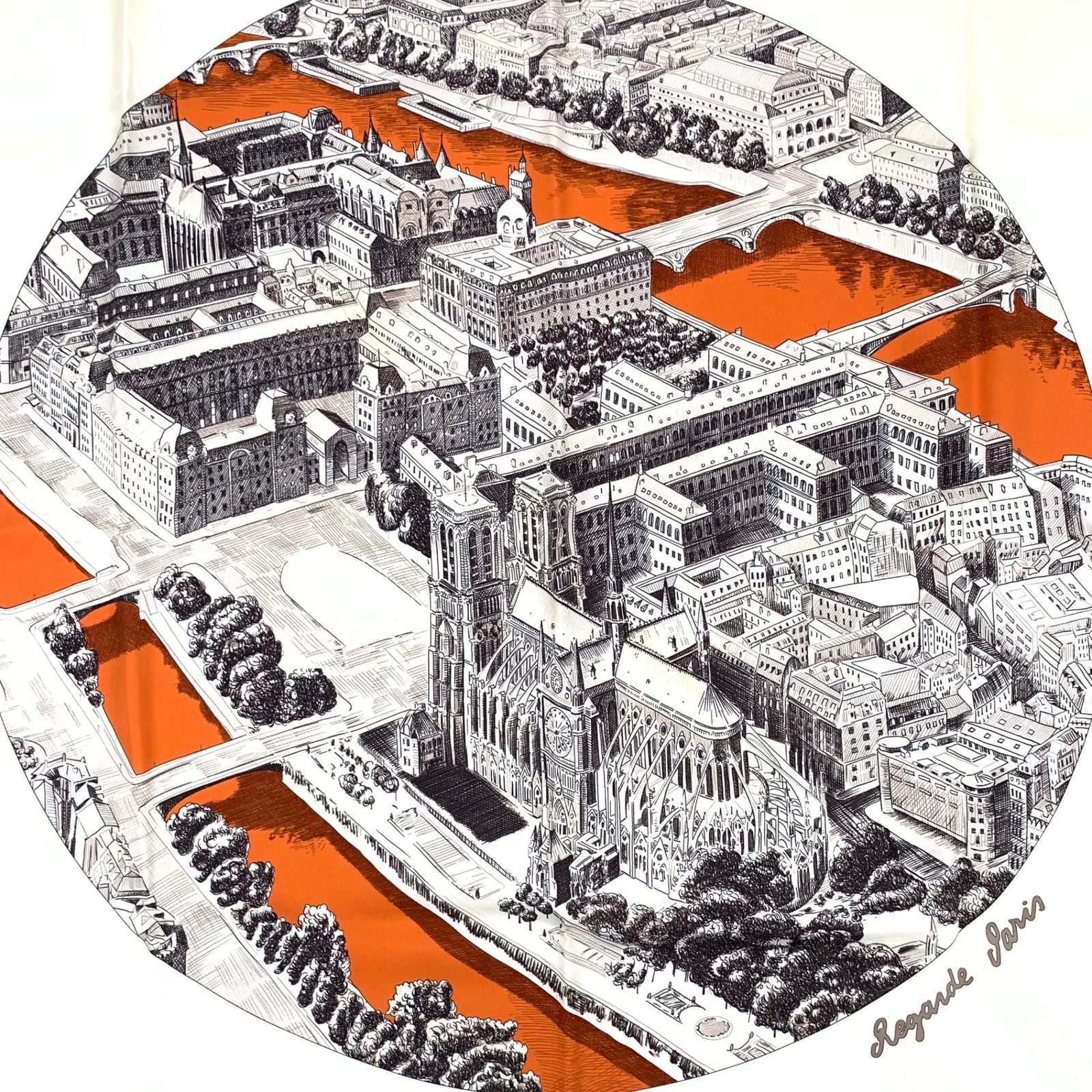 Hermes Carre 90 Regarde Paris View of Scarf Orange — view 7