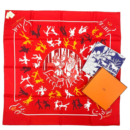 Hermes Carre 90 Boogie Woogie Gray Pearl Silk Scarf Red Orange