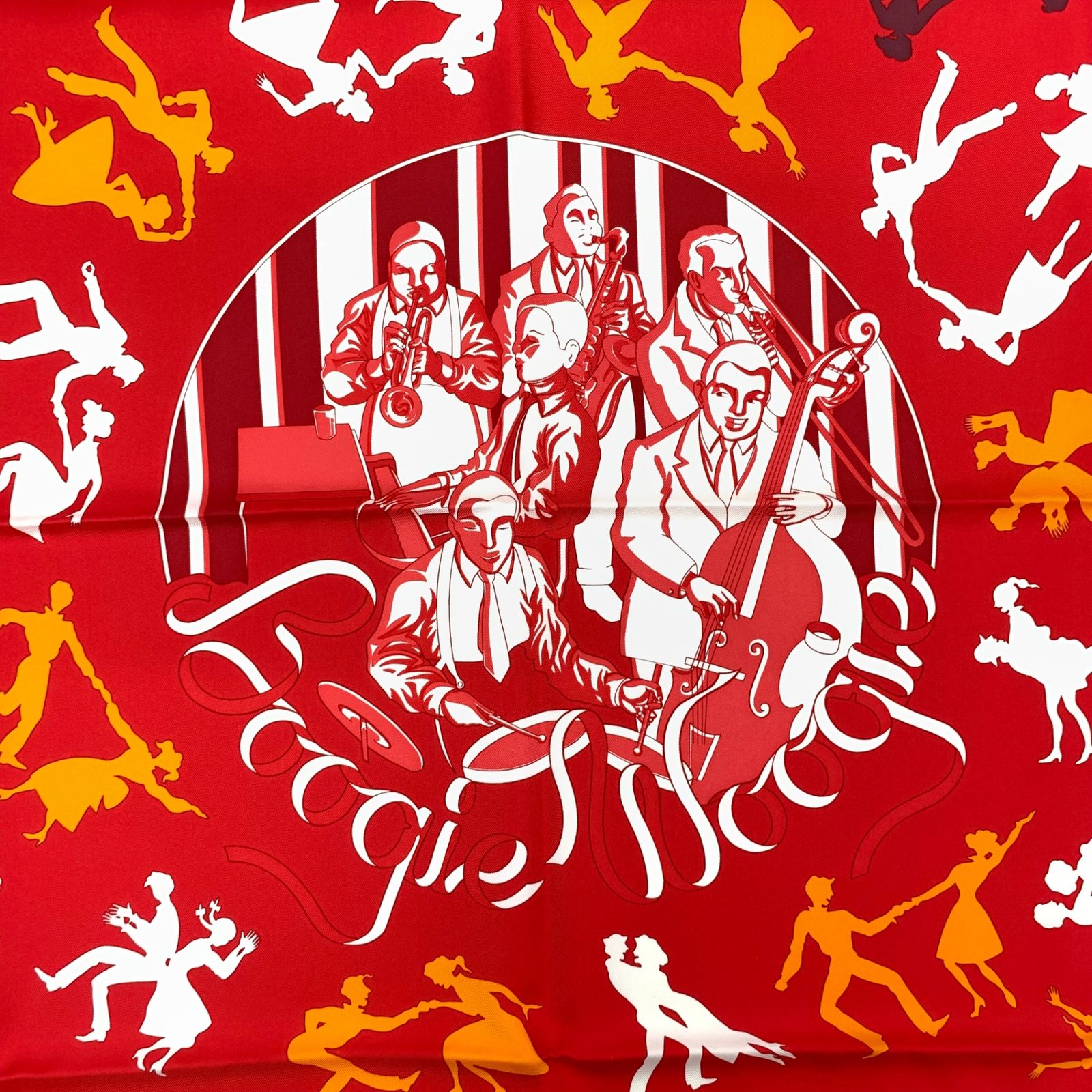 Hermes Carre 90 Boogie Woogie Gray Pearl Silk Scarf Red Orange — view 8