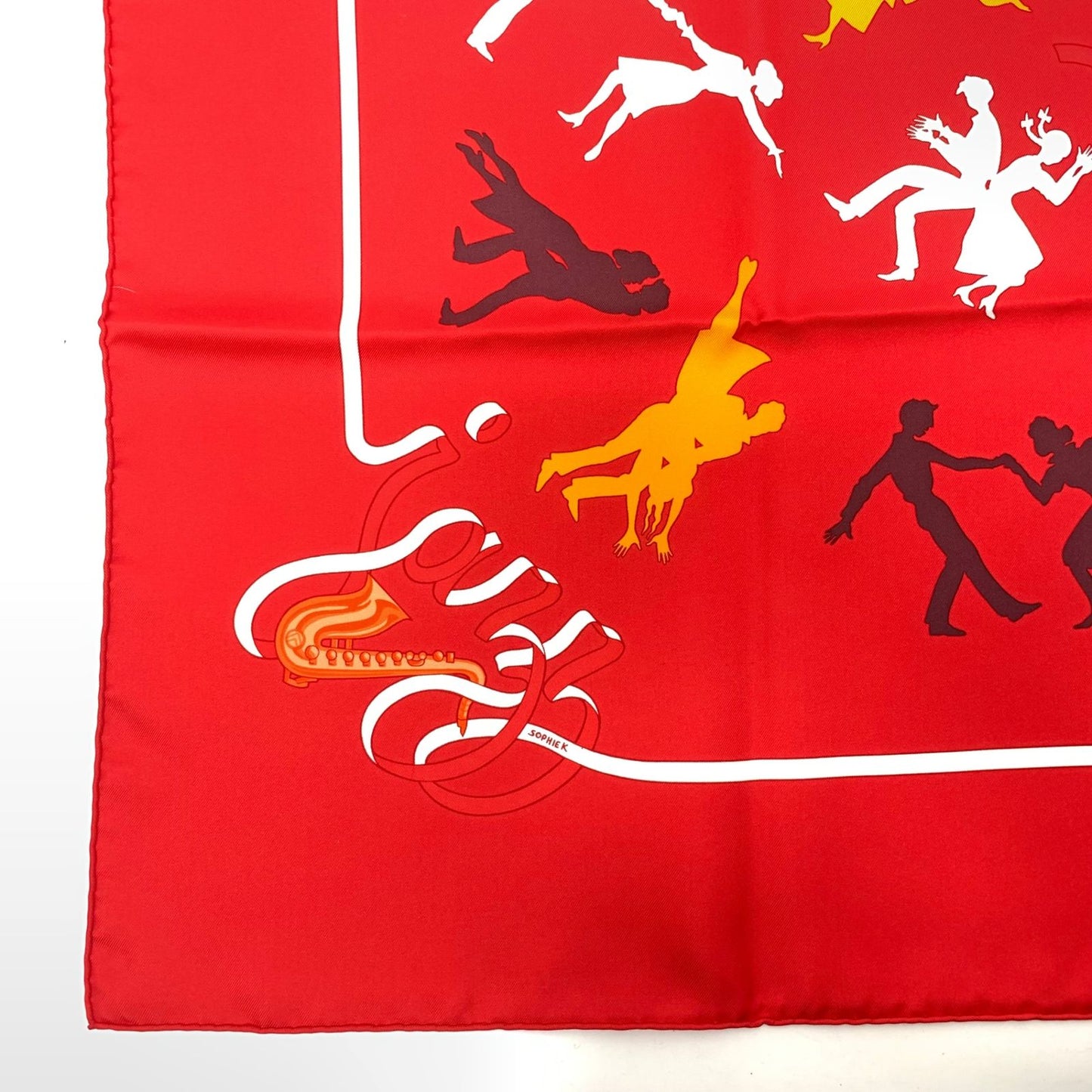 Hermes Carre 90 Boogie Woogie Gray Pearl Silk Scarf Red Orange — view 7