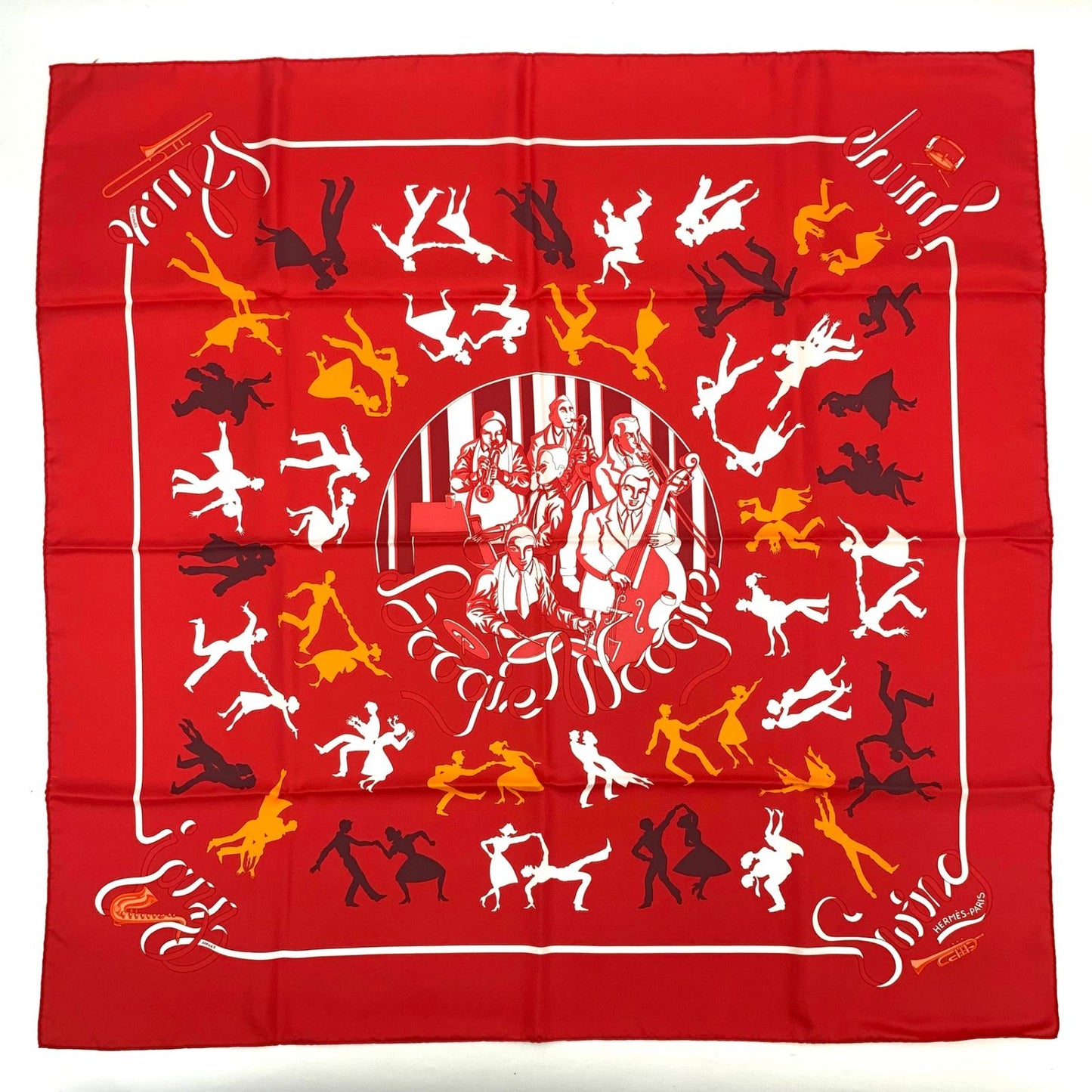 Hermes Carre 90 Boogie Woogie Gray Pearl Silk Scarf Red Orange — view 3