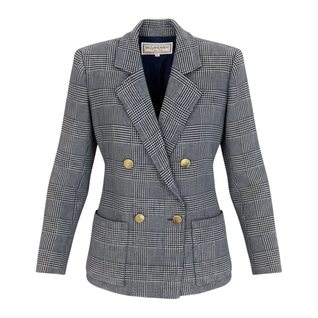 Saint Laurent Double Breasted jacket Glen Plaid Gold Button Cashmere Blend M