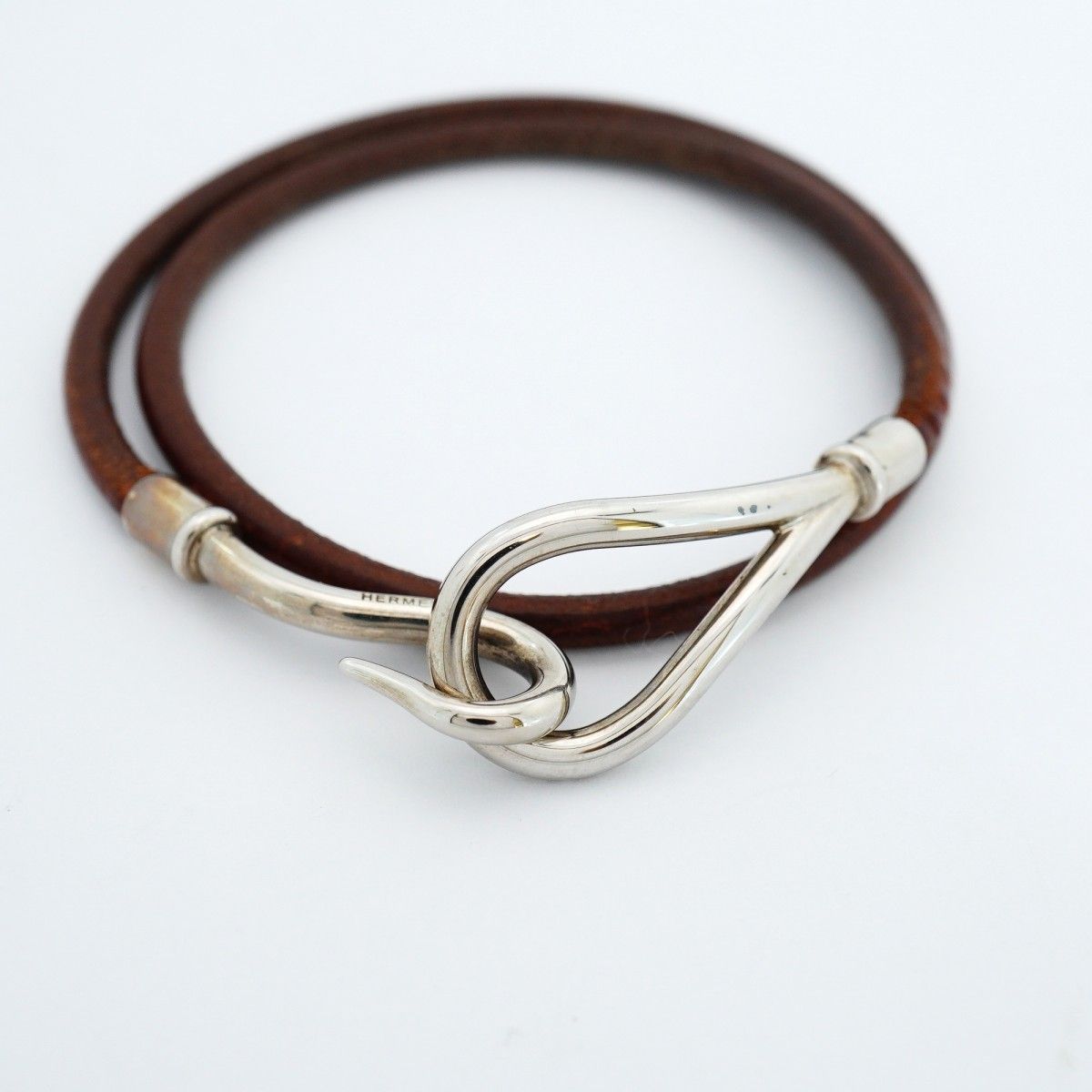 Hermes Bracelet Jumbo Hook Metal Leather Silver Brown — view 4