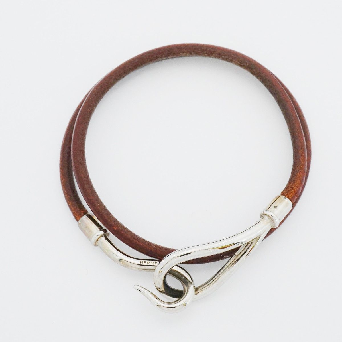 Hermes Bracelet Jumbo Hook Metal Leather Silver Brown — view 3