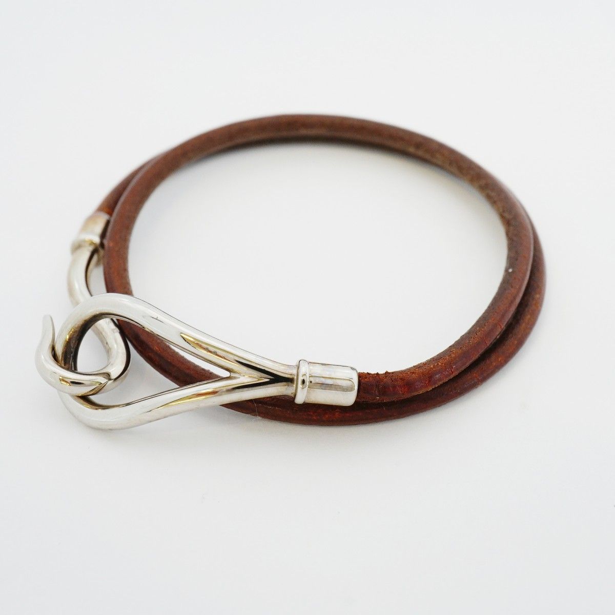Hermes Bracelet Jumbo Hook Metal Leather Silver Brown — view 7