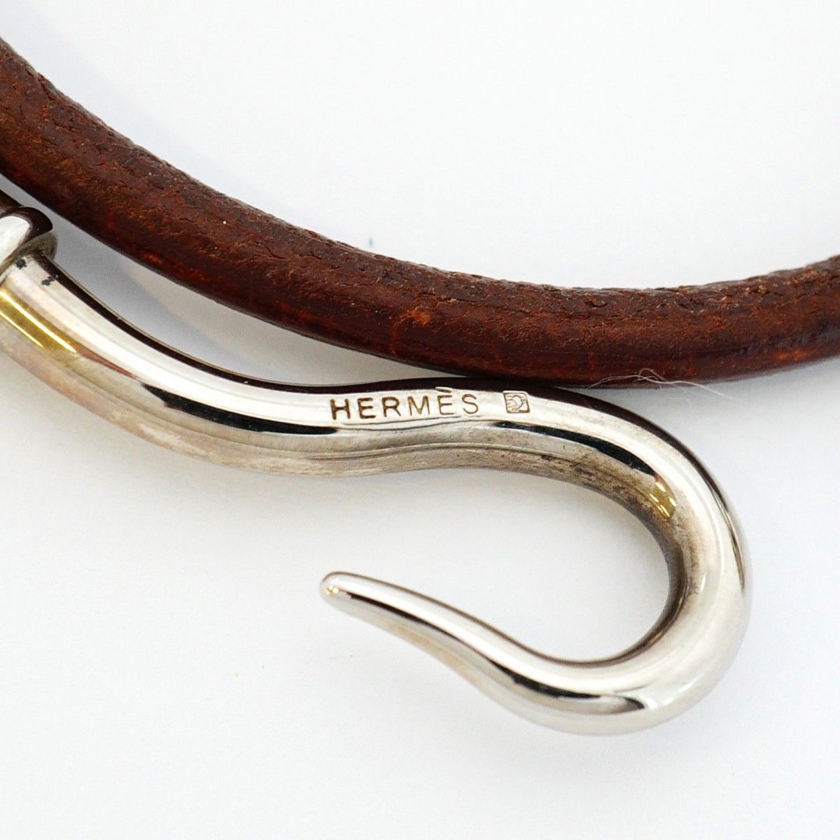Hermes Bracelet Jumbo Hook Metal Leather Silver Brown — view 5