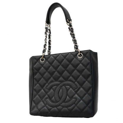 Chanel Chain Tote Quilted Caviar Leather Black Silver