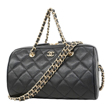 Chanel Handbag Quilted Caviar Leather Black Champagne Gold 2-Way