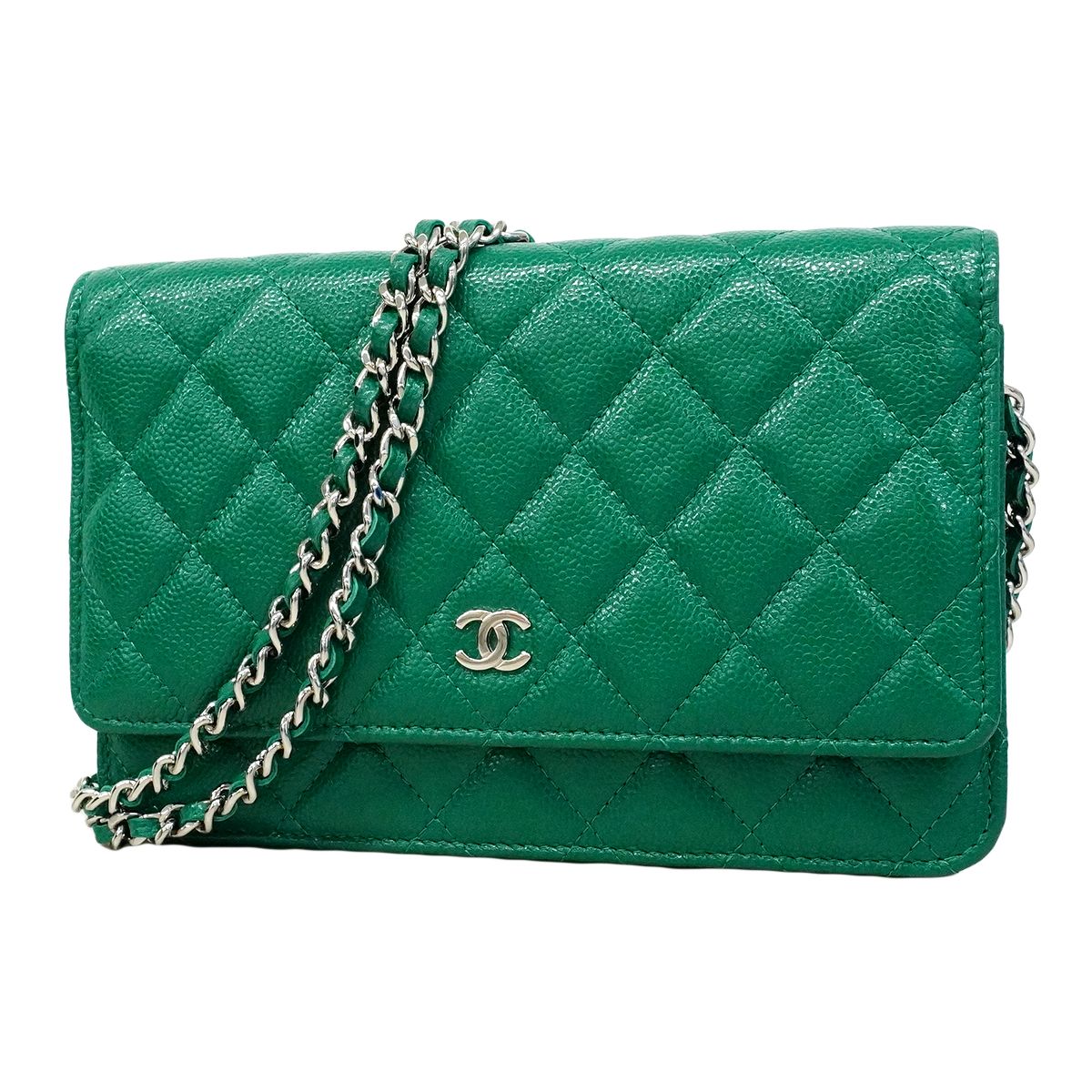 Chanel Shoulder Wallet Quilted Caviar Leather Green Silver