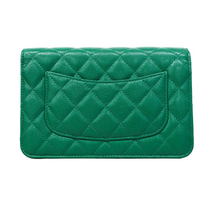 Chanel Shoulder Wallet Quilted Caviar Leather Green Silver — view 9