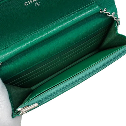 Chanel Shoulder Wallet Quilted Caviar Leather Green Silver — view 4