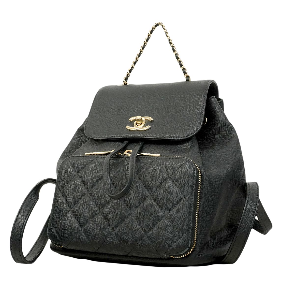Chanel Backpack Quilted Caviar Leather Black Champagne Gold