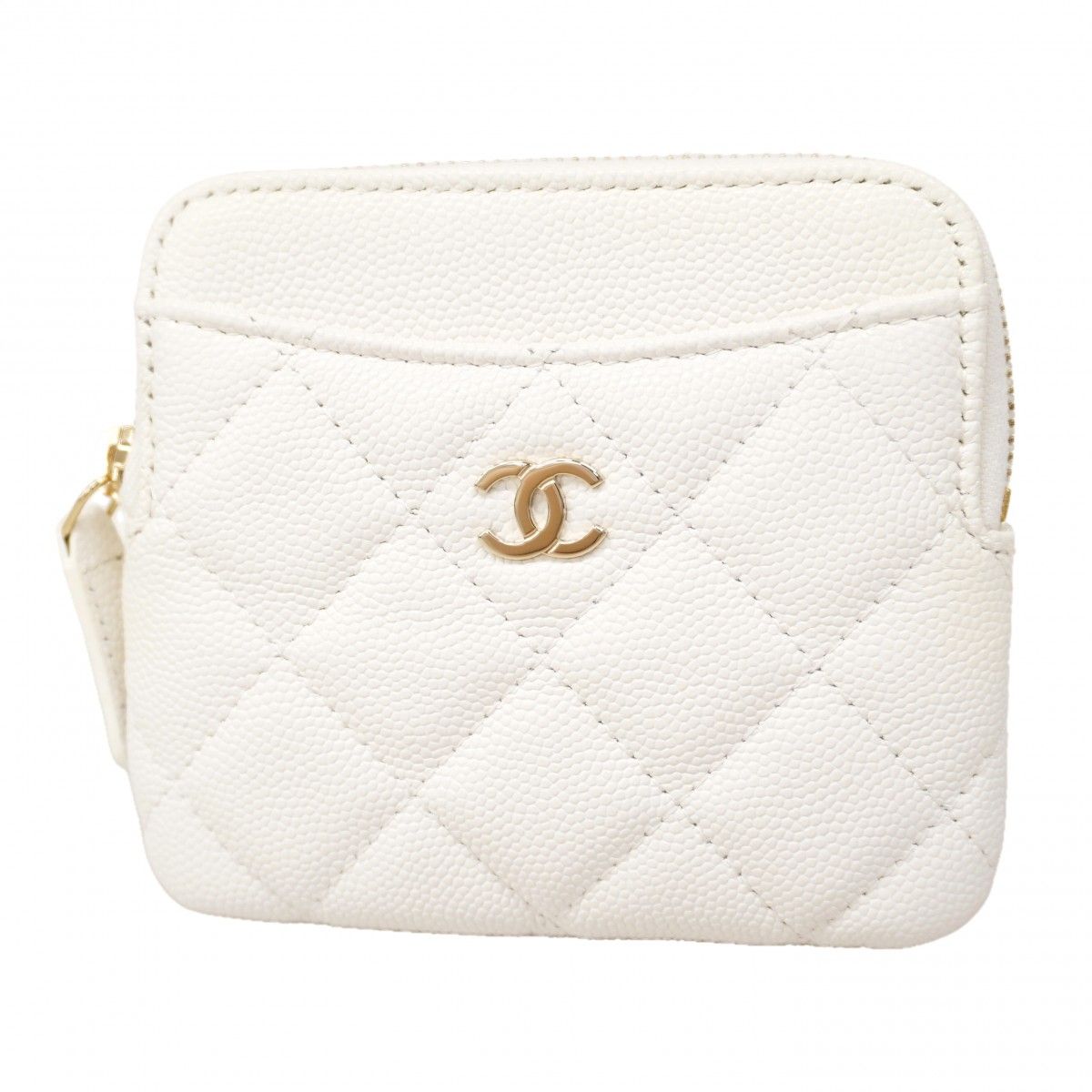 Chanel Coin Case Quilted Caviar Leather White Champagne Gold