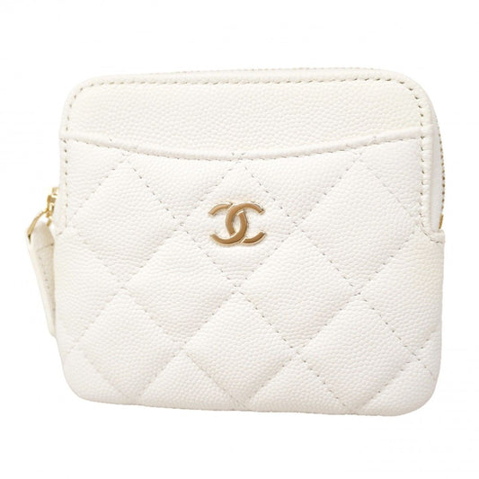 Chanel Coin Case Quilted Caviar Leather White Champagne Gold