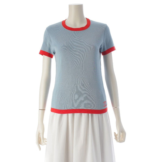 Chanel Cotton CC Logo Ringer Knit Top Blue Red 42 Sweater