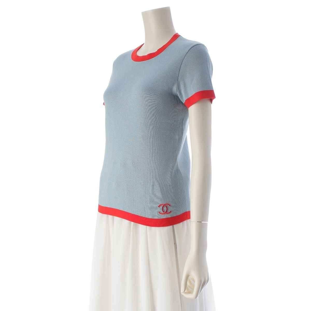 Chanel Cotton CC Logo Ringer Knit Top Blue Red 42 Sweater — view 2