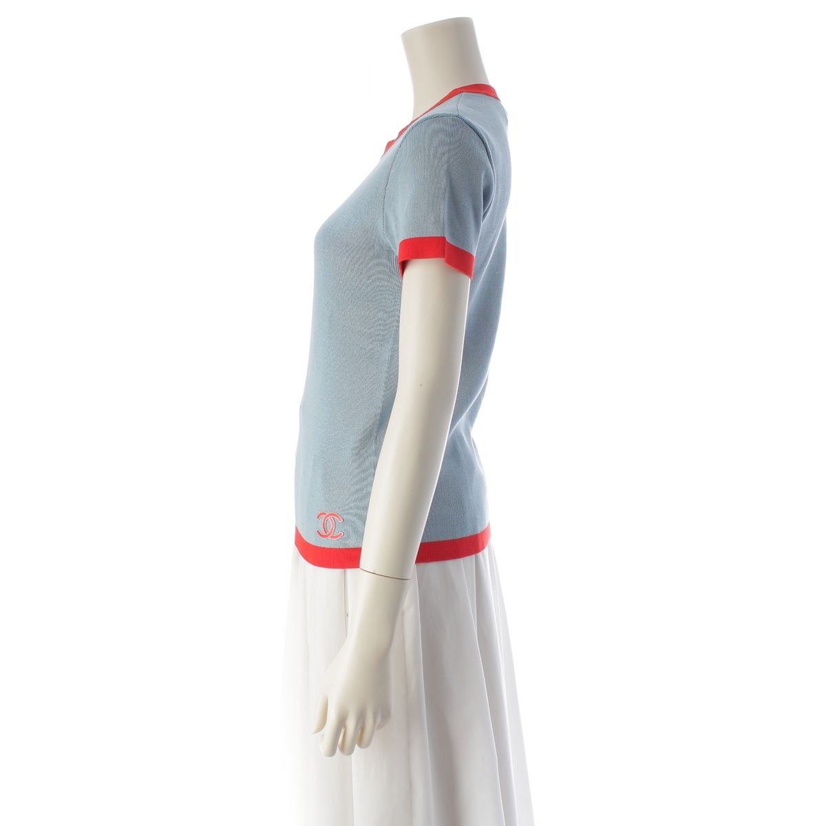 Chanel Cotton CC Logo Ringer Knit Top Blue Red 42 Sweater — view 3