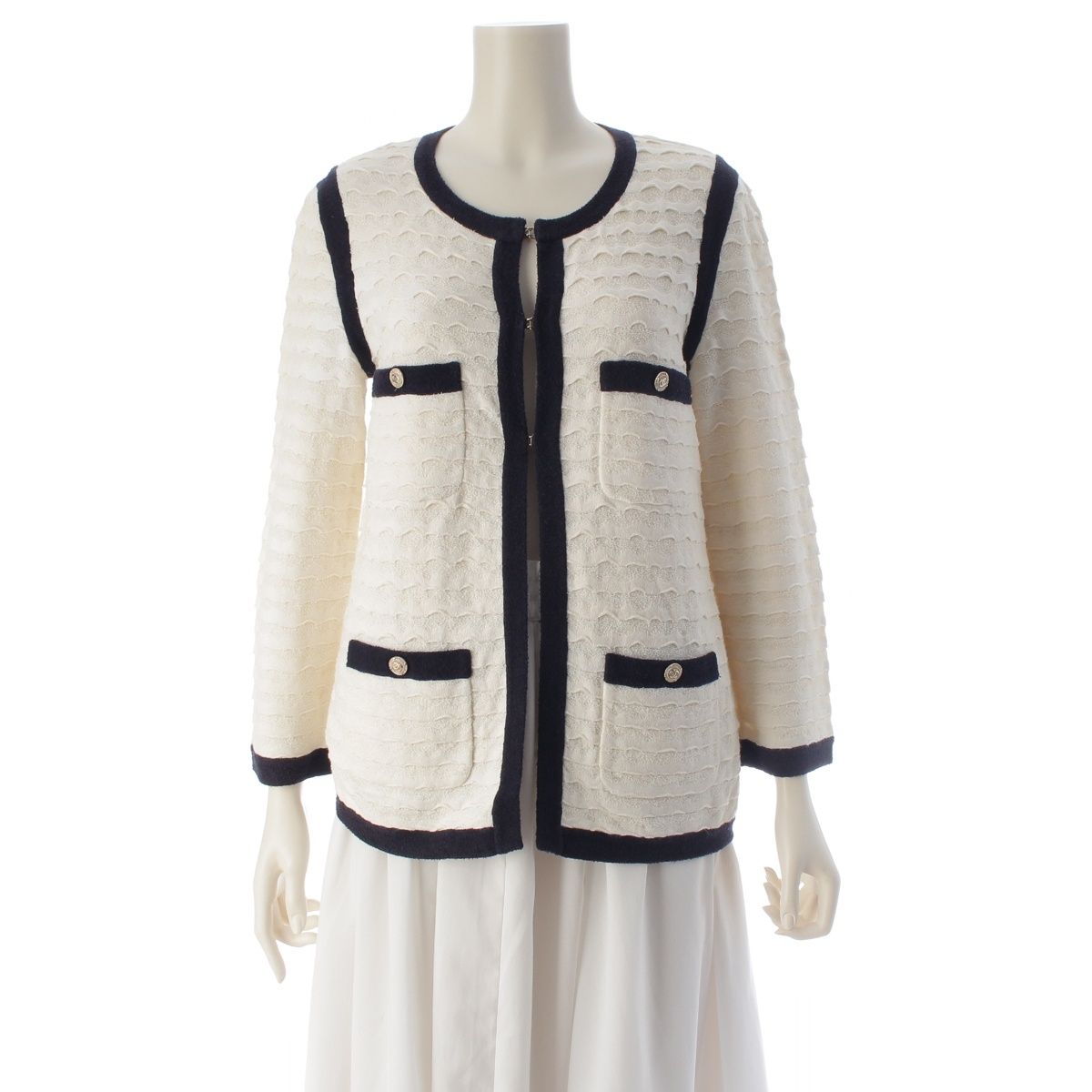Chanel Cotton Cashmere CC Logo Cardigan Jacket White Black 36
