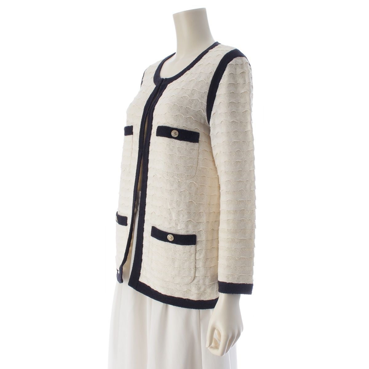 Chanel Cotton Cashmere CC Logo Cardigan Jacket White Black 36 — view 2