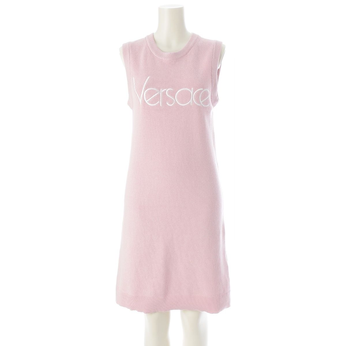 Versace Cotton Knit Re Edition Logo Embroidery Sleeveless Dress Pink 36