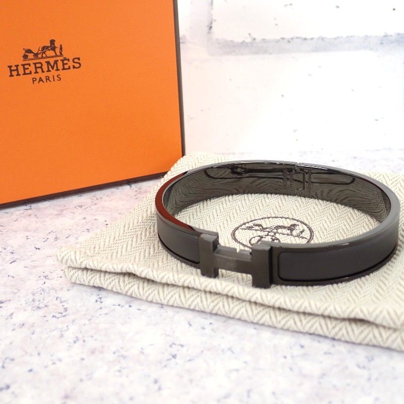 Hermes Bracelet Click HH Bangle Enamel Leather So Black