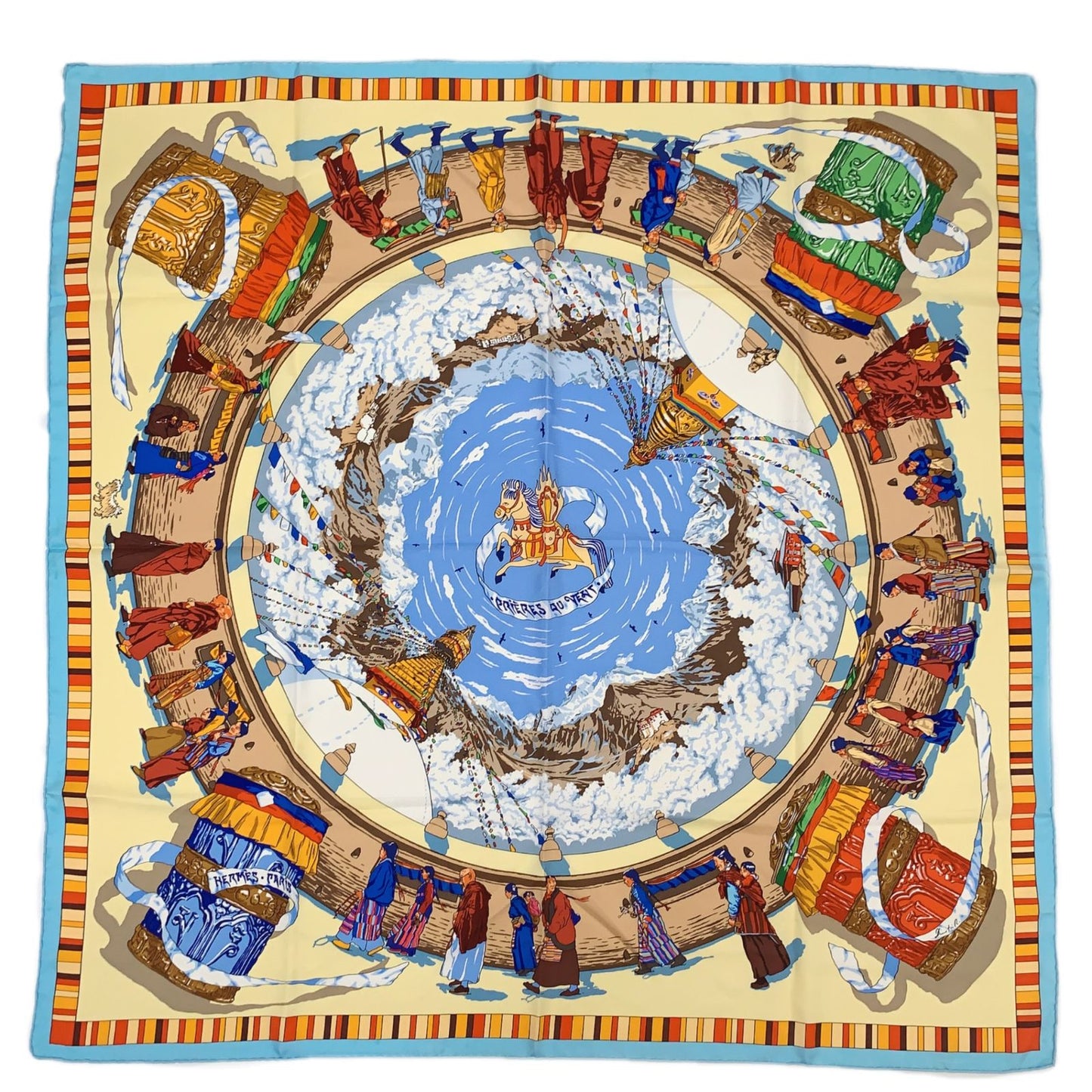 Hermes Carre 90 Prieres AU Vent Prayer in the Wind Blue Multicolor Scarf Silk
