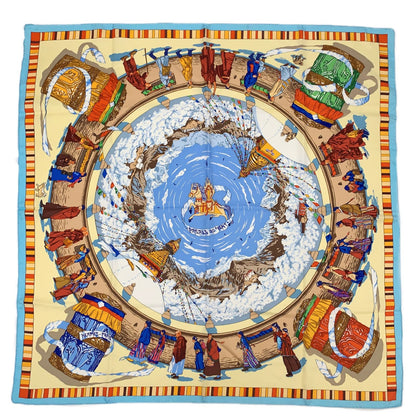 Hermes Carre 90 Prieres AU Vent Prayer in the Wind Blue Multicolor Scarf Silk