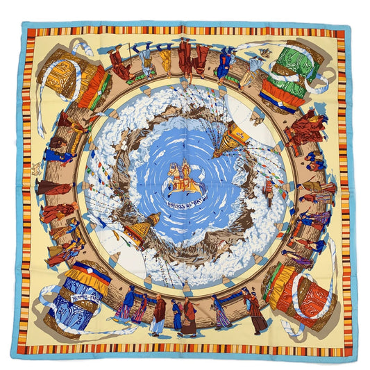 Hermes Carre 90 Prieres AU Vent Prayer in the Wind Blue Multicolor Scarf Silk