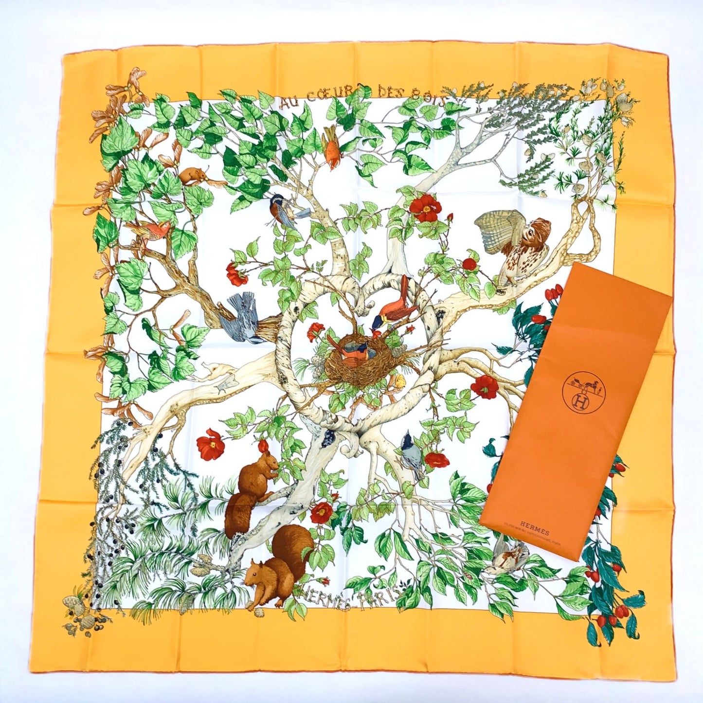 Hermes Carre 90 AU Coeur Des Bois in the Woods Orange Silk