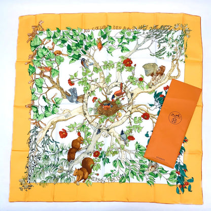 Hermes Carre 90 AU Coeur Des Bois in the Woods Orange Silk